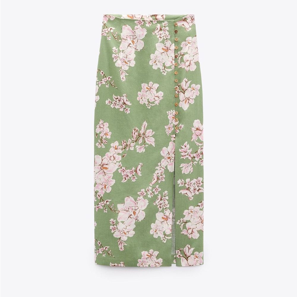 Zara Printed Linen Blend Midi Skirt Size Medium